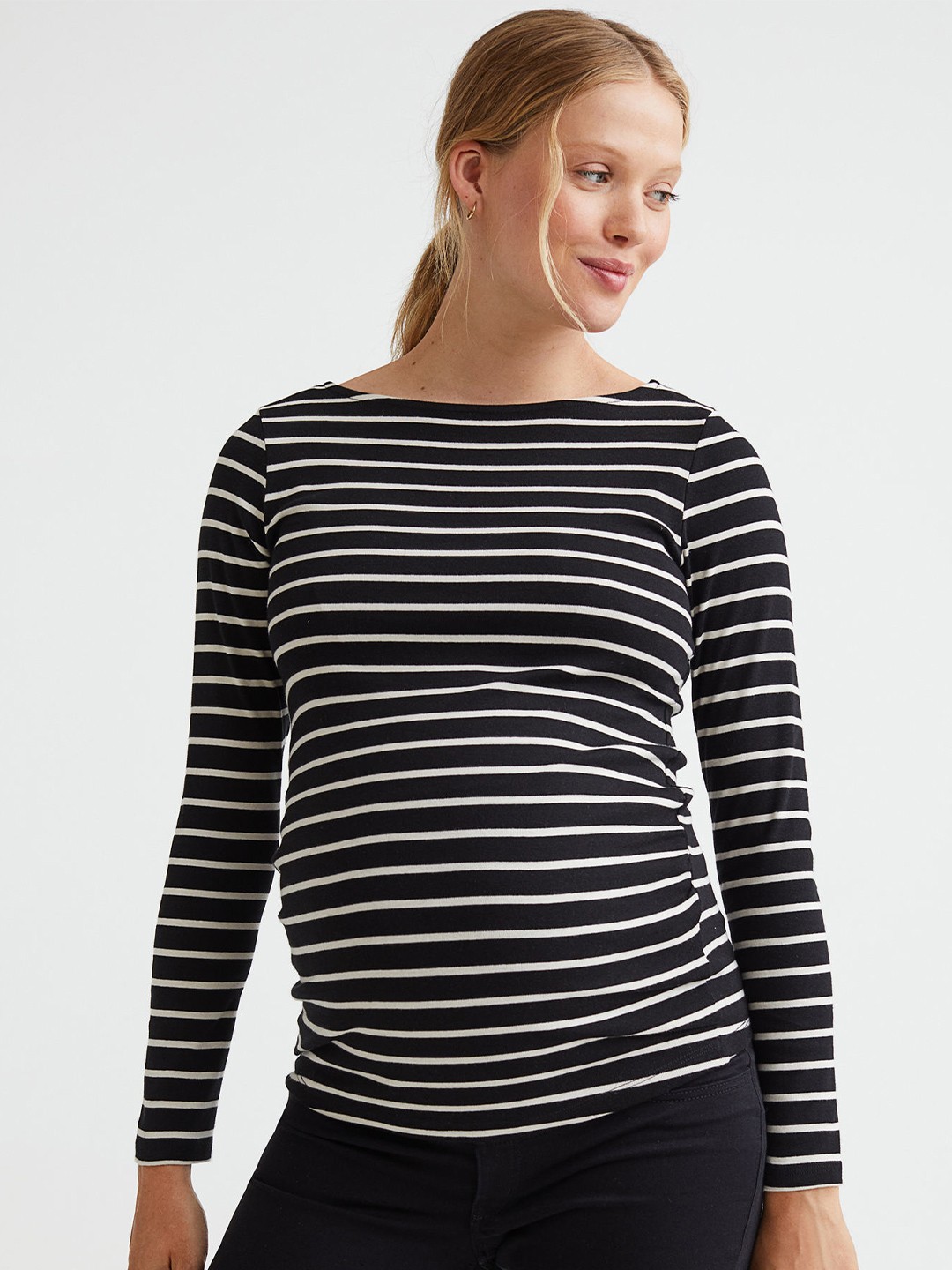

H&M Women Mama Black & White Striped Long-Sleeved Cotton Top