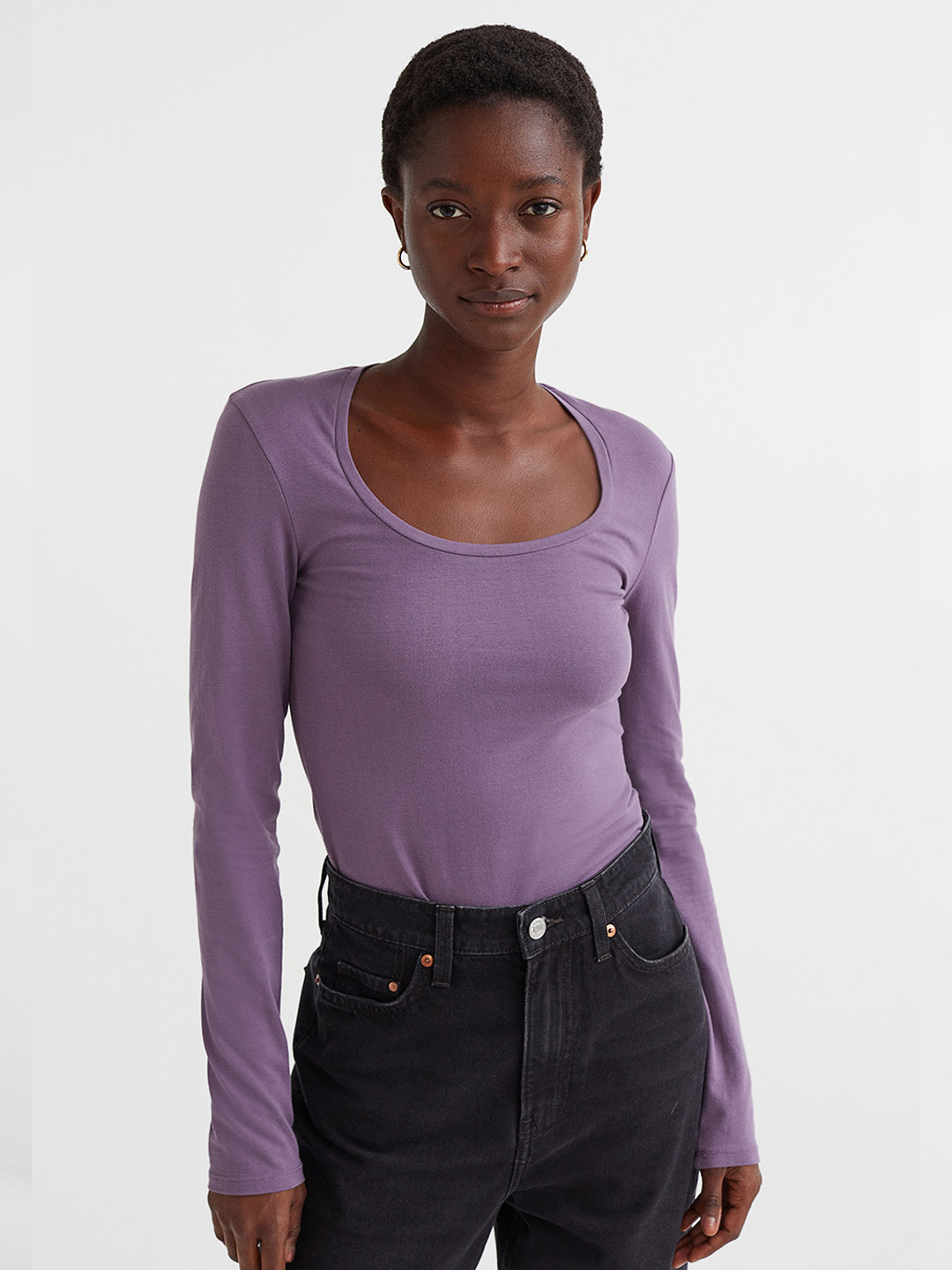 

H&M Women Solid Scoop Neck Cotton Top, Purple