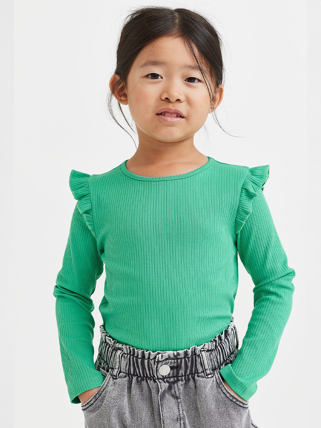 

H&M Girls Flounce-Trimmed Ribbed Top, Green