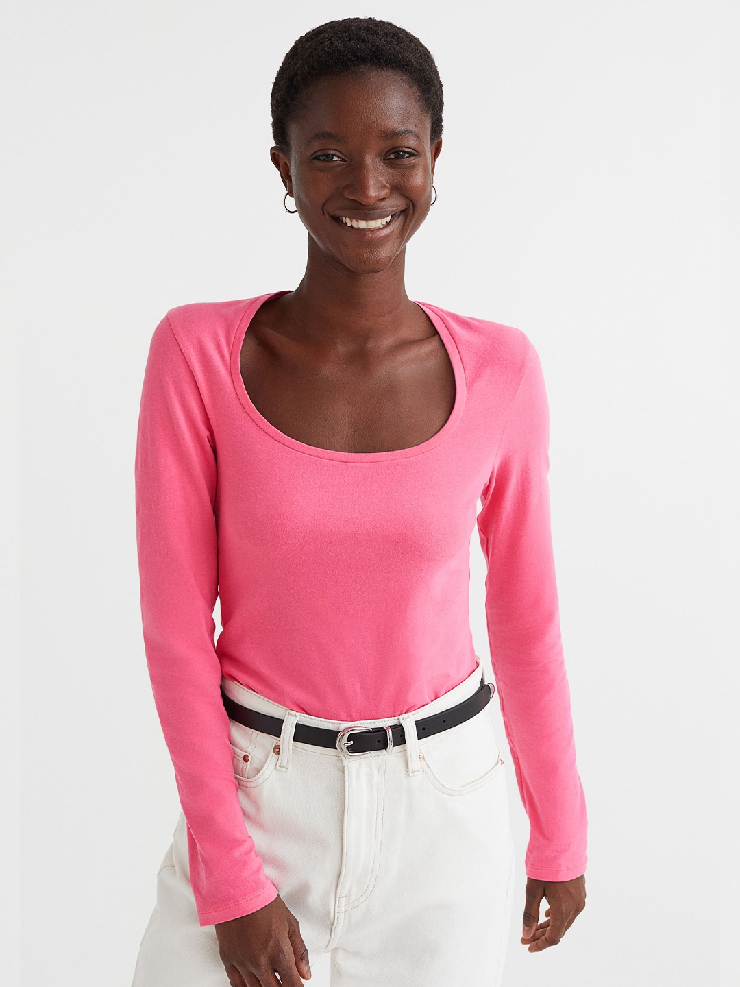 

H&M Women Solid Scoop Neck Cotton Top, Pink