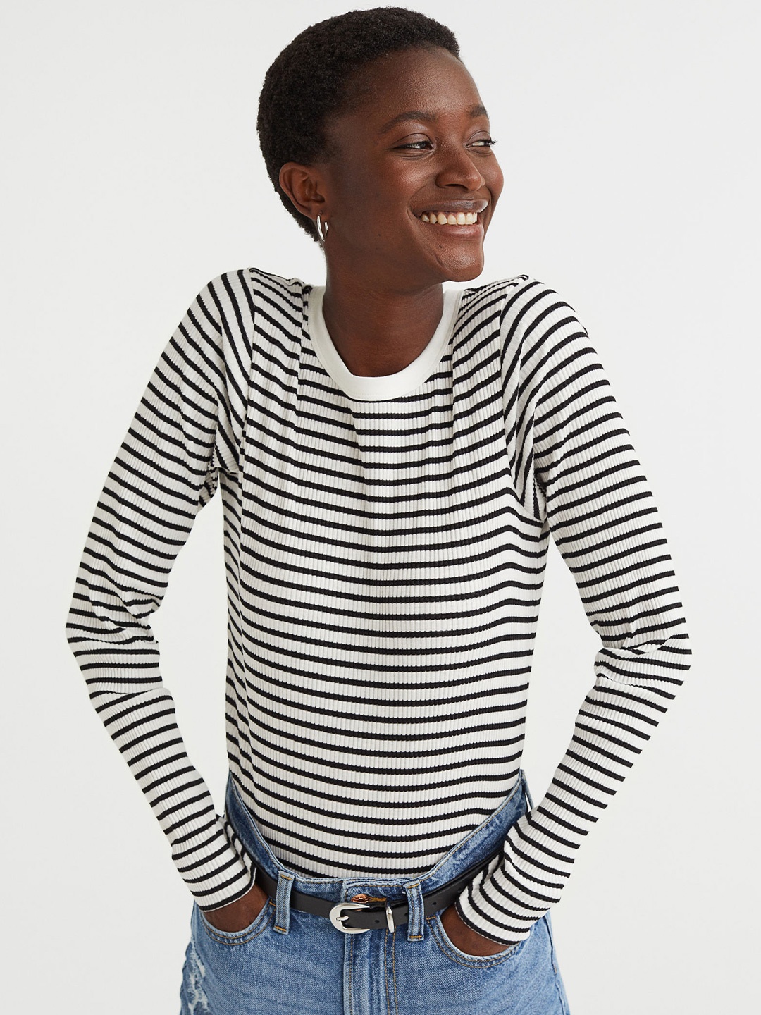 

H&M Women Striped Round Neck Long Sleeves Top, Black