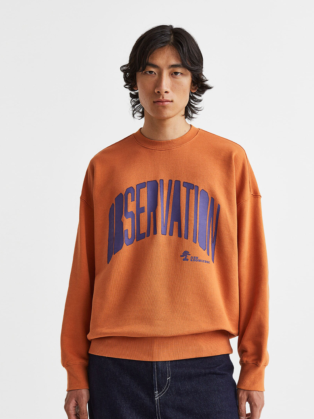 

H&M Men Rust Orange & Blue Printed Oversized Fit Cotton sweatshirt