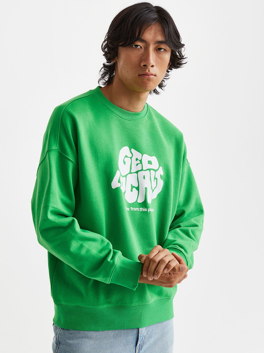 

H&M Men Oversized Fit Cotton Sweatshirt, Green
