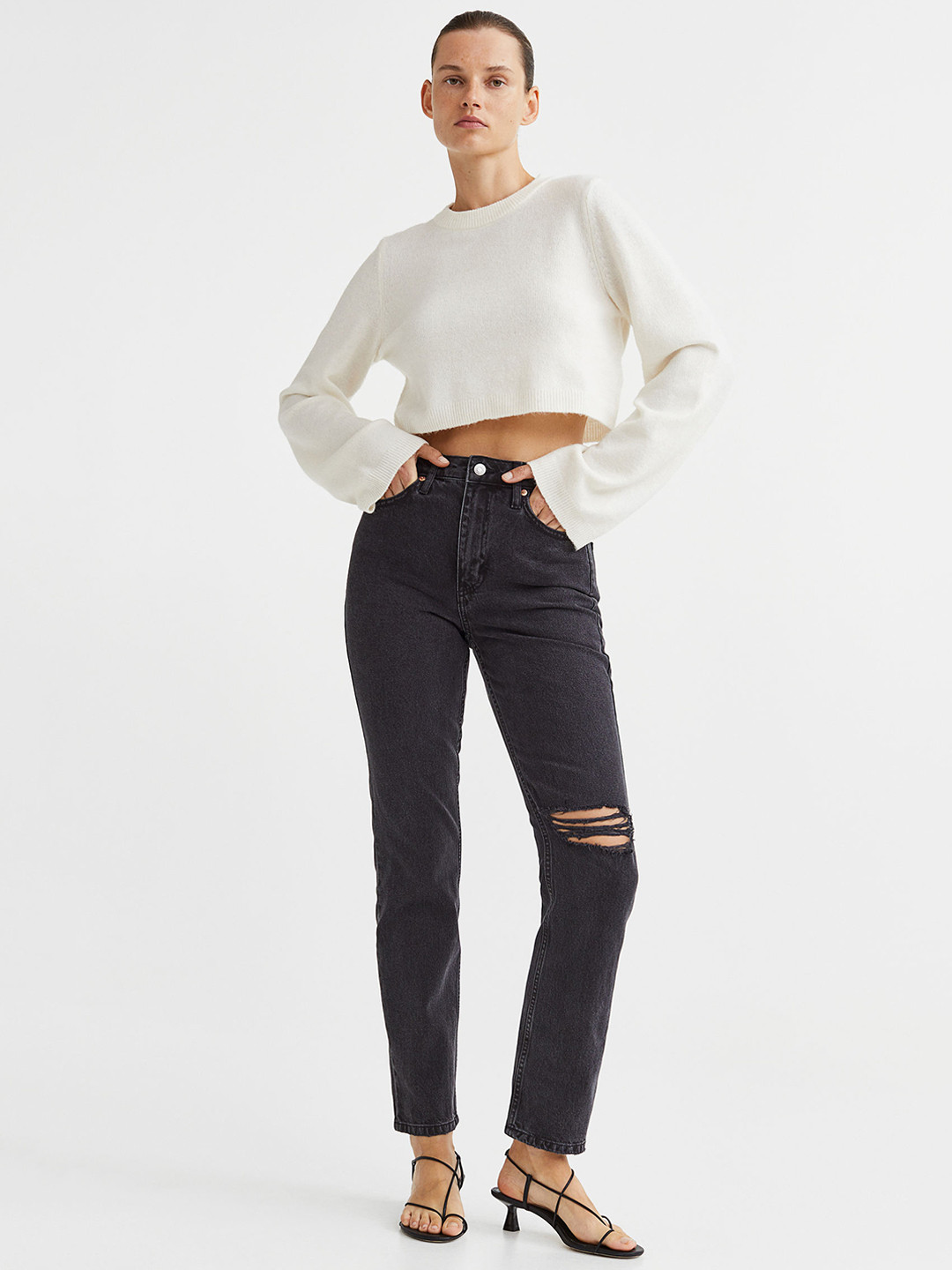 

H&M Women Black Vintage Ripped Straight High Jeans