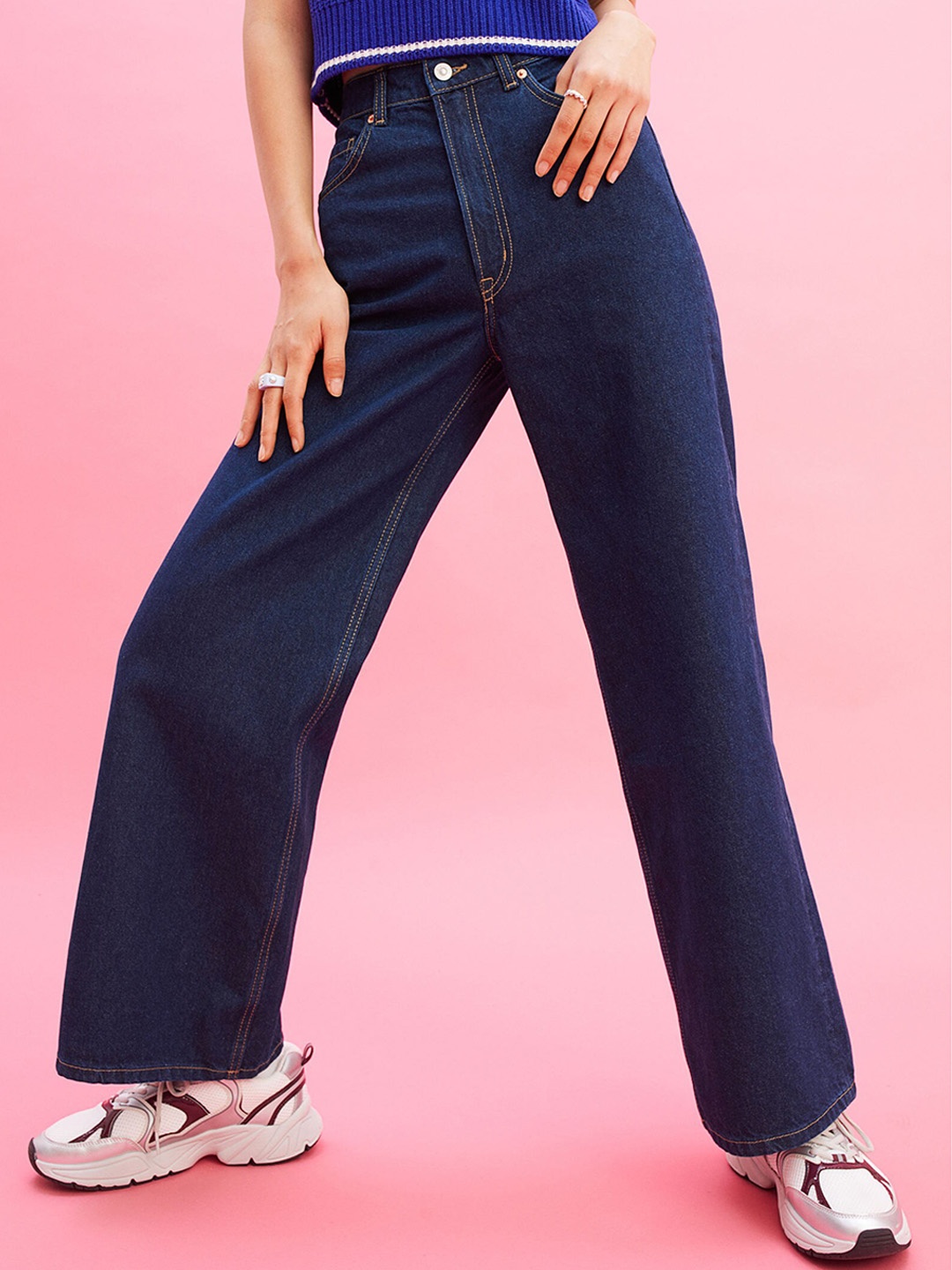 

H&M Women Wide Leg High-Rise Low Distress Jeans, Blue