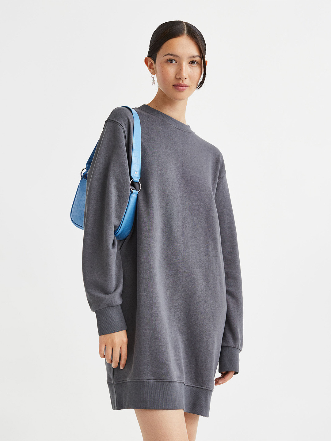 

H&M Women Solid Cuffed Sleeves Sweatshirt Dress, Grey