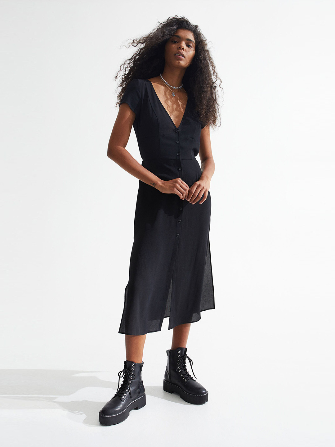 

H&M Women Button-Front Crepe Dress, Black