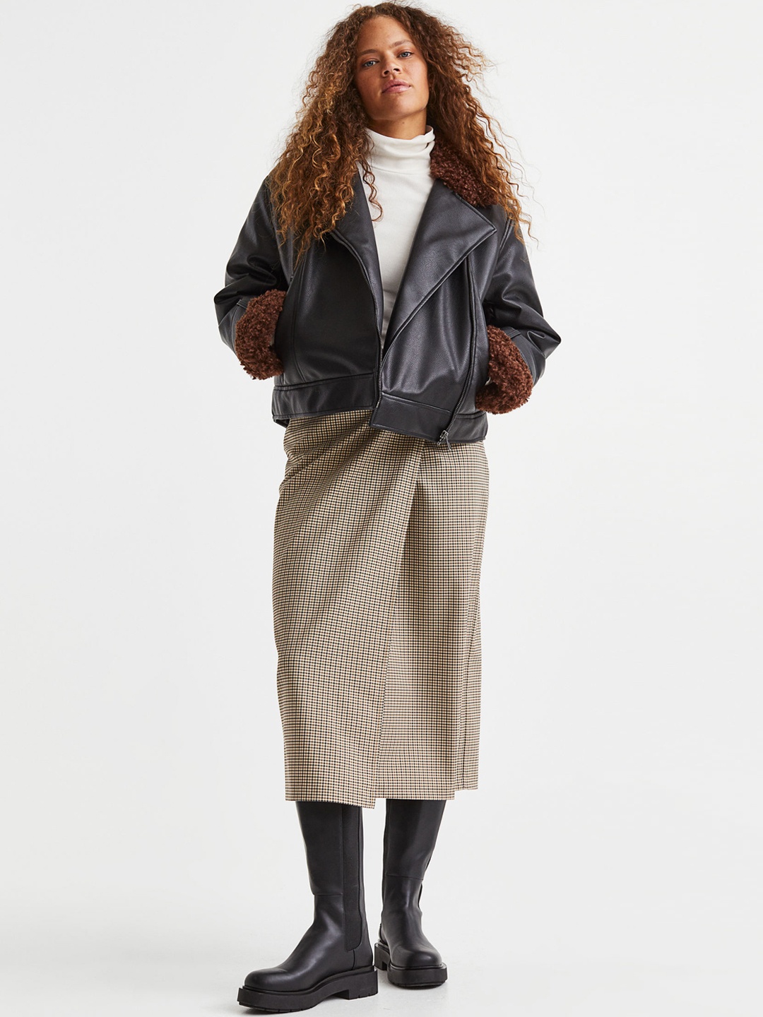 

H&M Women Checked Wrap Midi Skirt, Beige