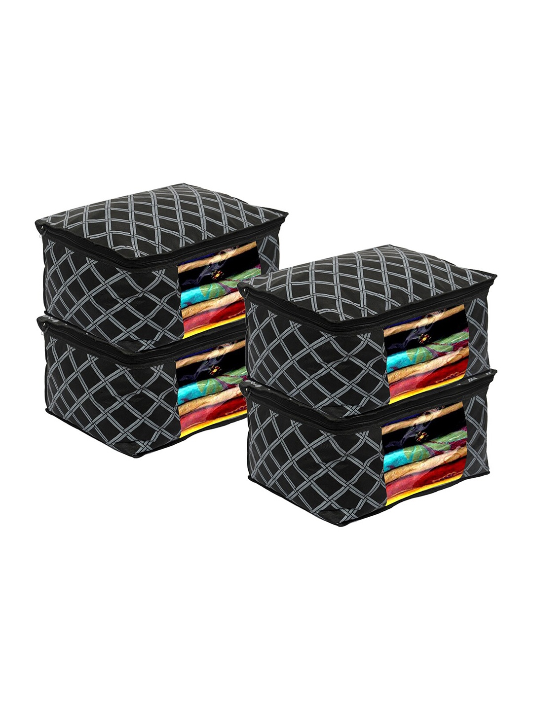 

Kuber Industries Set Of 4 Black Checked Saree Organisers With Transparent Window