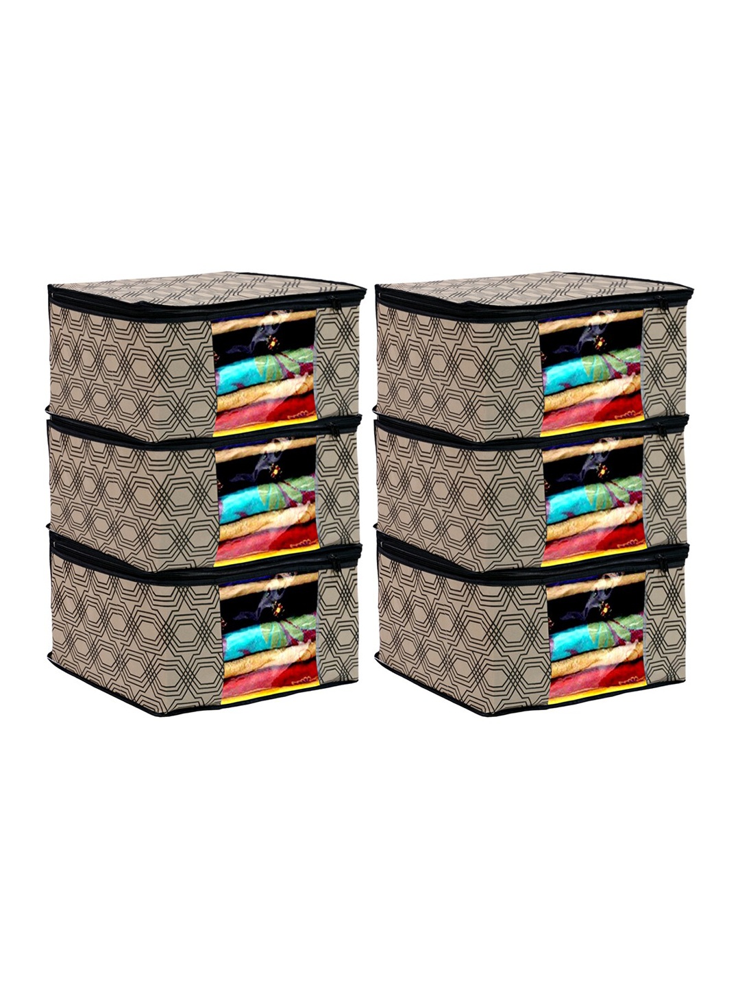 

Kuber Industries Set Of 6 Cream & Black Printed Non-Woven Foldable Saree Organisers