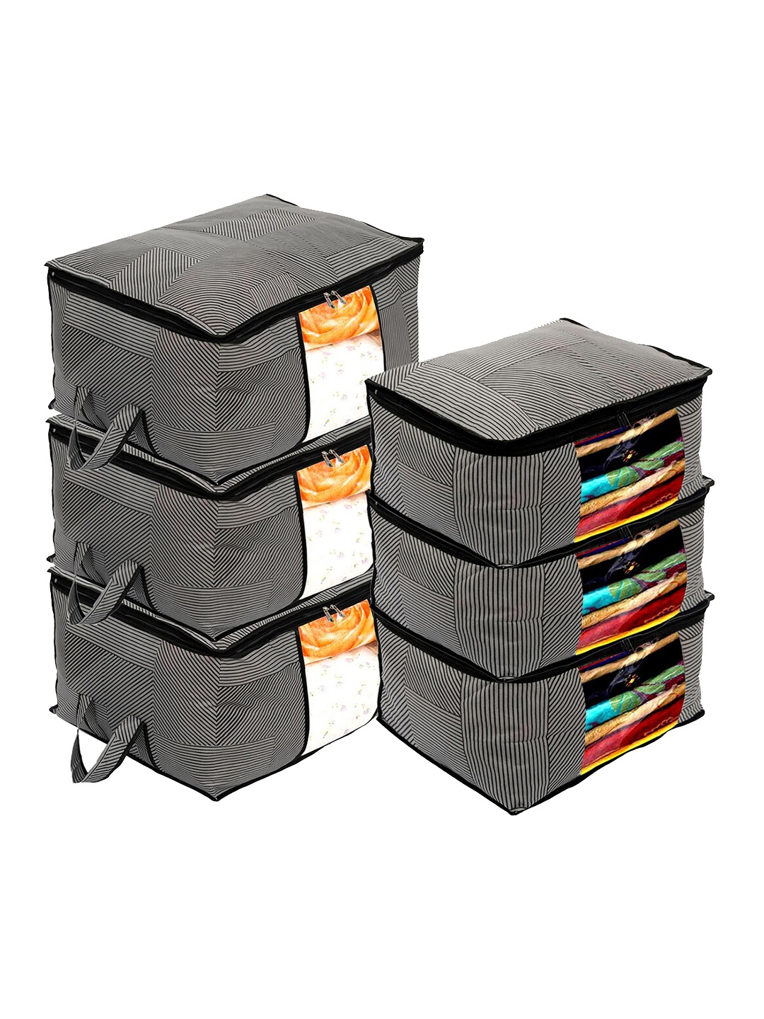 

Kuber Industries Set Of 6 Grey & Black Non-Woven Striped Saree Organisers