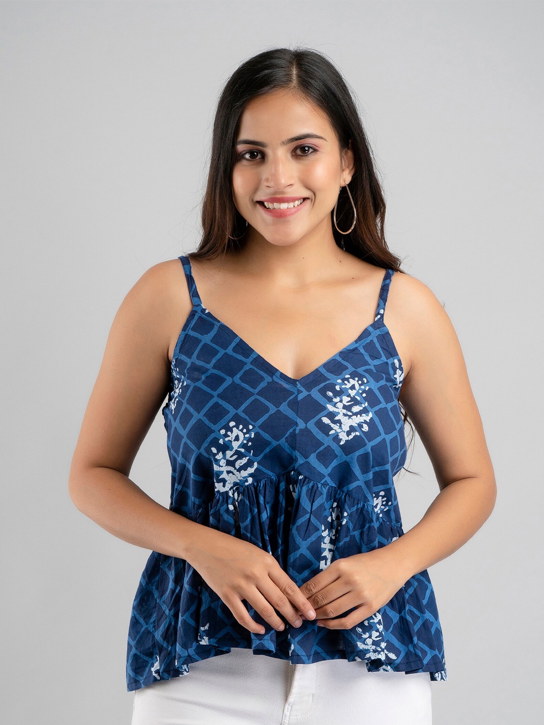 

KALINI Women Blue & White Printed Pure Cottton Empire Top
