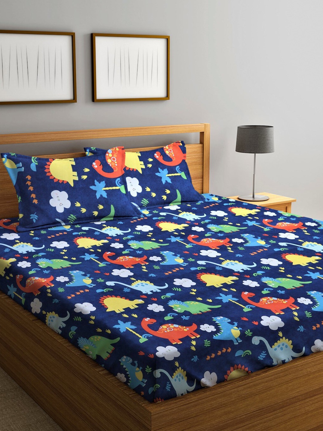 

Home Sizzler Navy Blue&Orange Cartoon Characters 144TC Queen 1 Bedsheet with2Pillow Covers