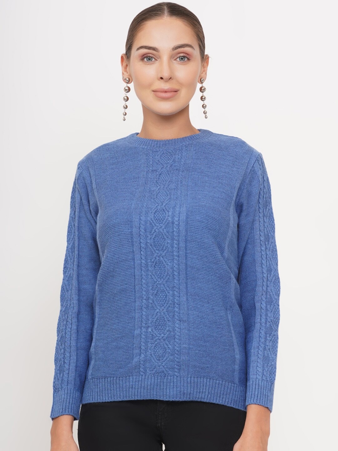 

FABNEST Women Blue Cable Knit Pullover Sweater