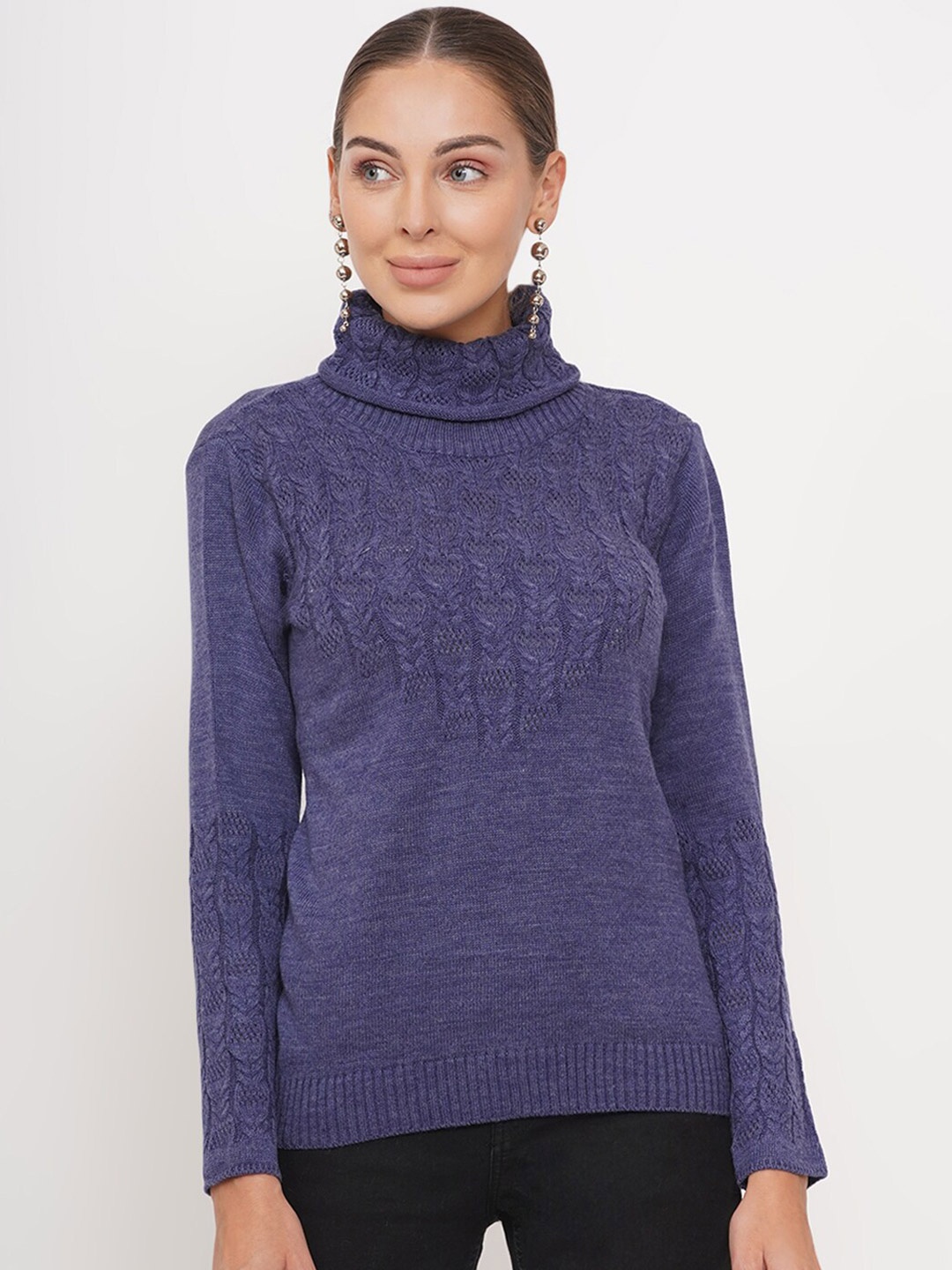 

FABNEST Women Navy Blue Cable Knit Pullover