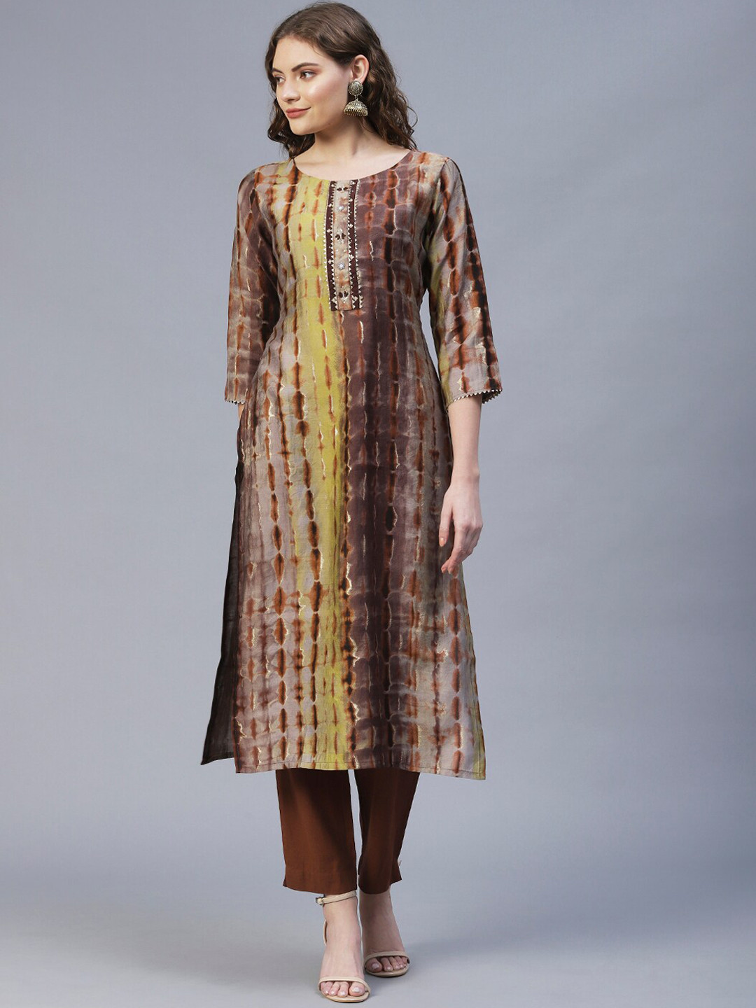 

FASHOR Women Brown & Beige Geometric Dyed Mirror Work Kurta
