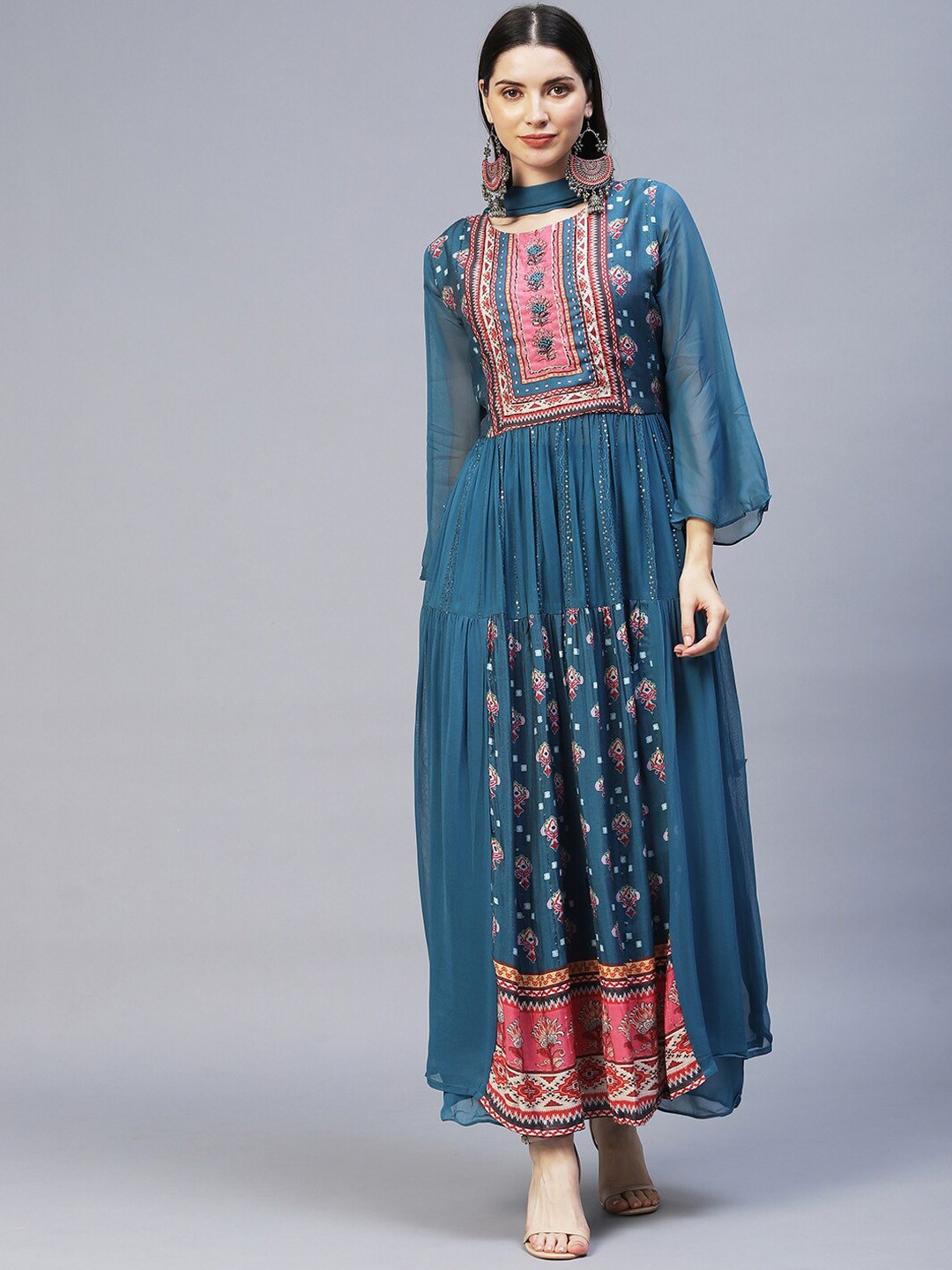 

FASHOR Women Blue Ethnic Motifs Printed Pleated Sequinned Kurta with Trousers & With Dupatta