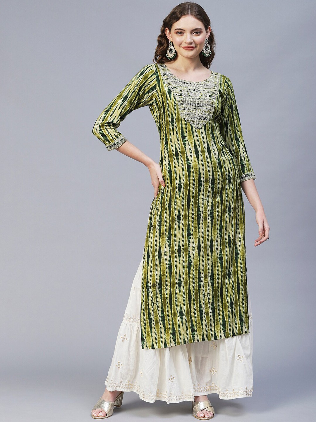 

FASHOR Women Green Geometric Printed Kurta