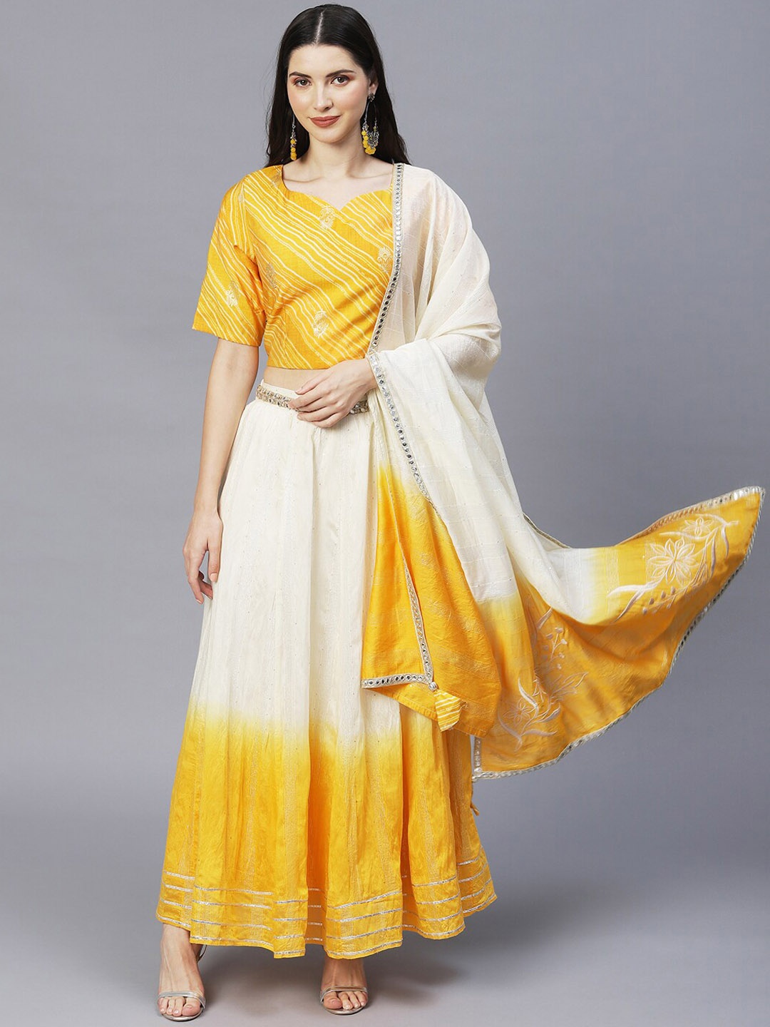 

FASHOR Women Yellow Ethnic Motifs Printed Sequinned Top with Skirt & Dupatta