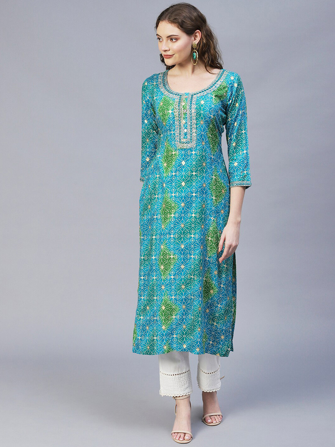 

FASHOR Women Turquoise Blue Geometric Printed Kurta