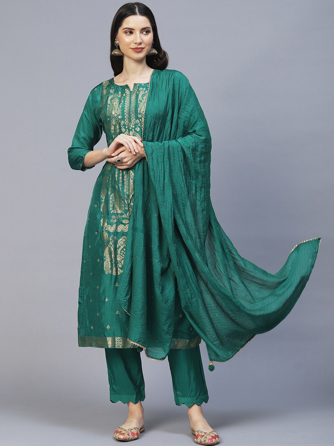 

FASHOR Women Green Kurta with Trousers & With Dupatta