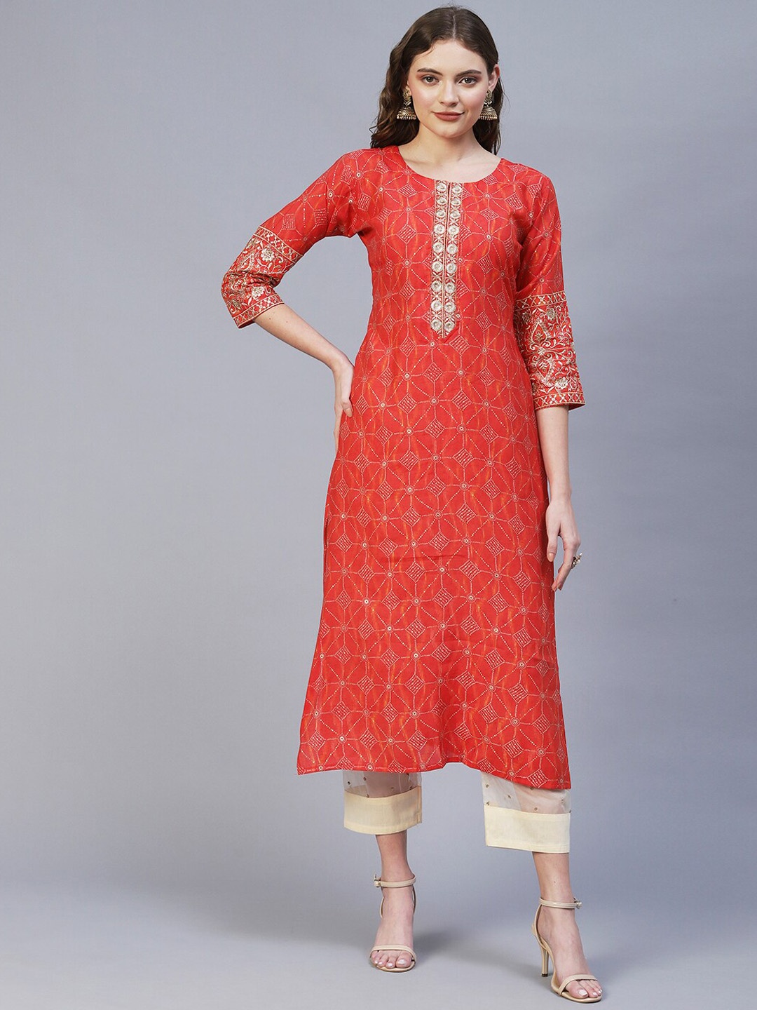 

FASHOR Women Orange & White Ethnic Motifs Printed Kurta