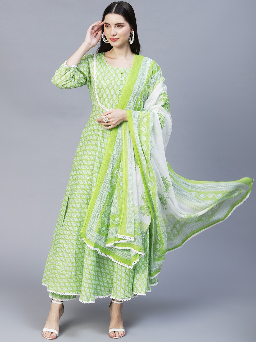 

FASHOR Women Green & White Printed Pure Cotton Anarkali Kurta with Trousers & With Dupatta