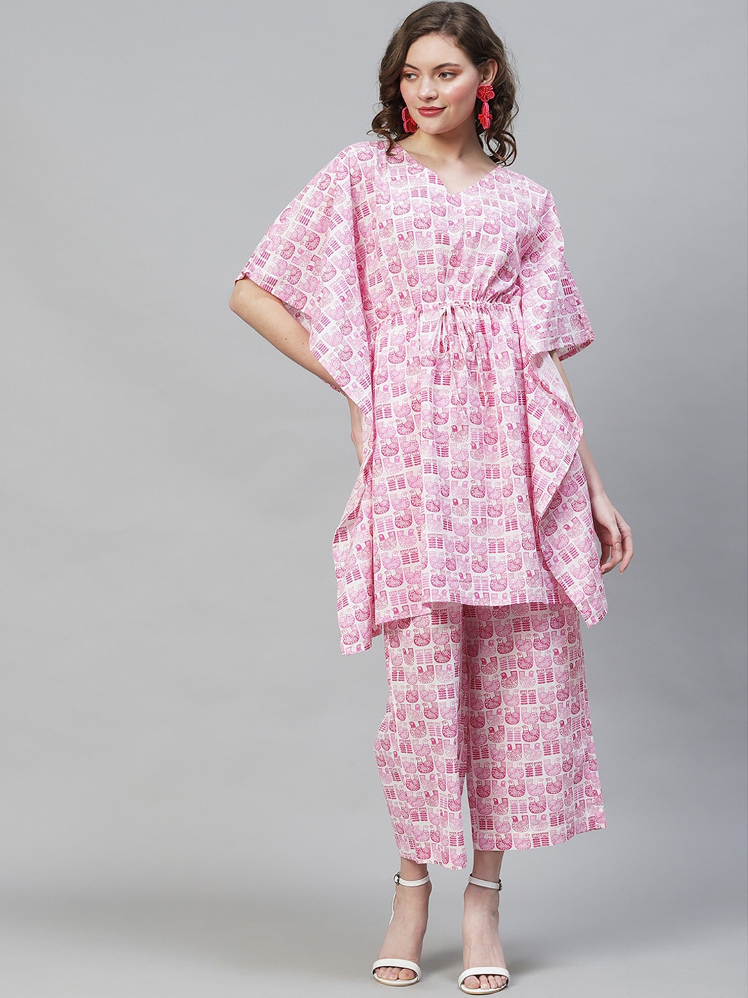 

FASHOR Women Pink Ethnic Motifs Printed Pure Cotton Kaftan Kurti with Palazzo Set
