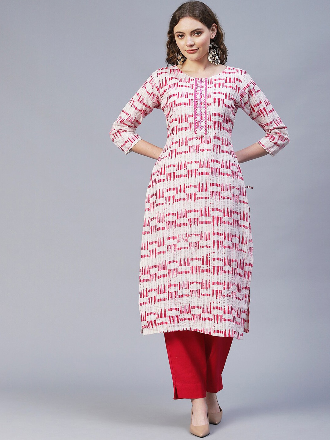 

FASHOR Women Pink & White Geometric Printed Cotton Kurta