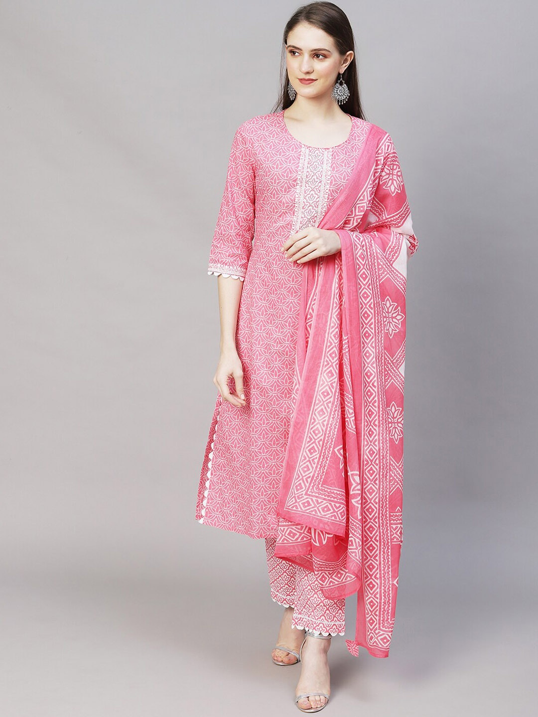 

FASHOR Women Pink Ethnic Motifs Printed Pure Cotton Kurta with Trousers & With Dupatta