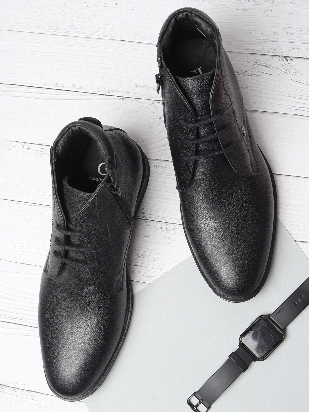 

Carlton London Men Black Solid Leather Block Boots