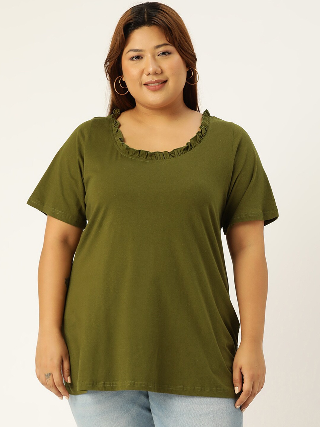 

theRebelinme Olive Green Plus Size Ruffles Cotton Top