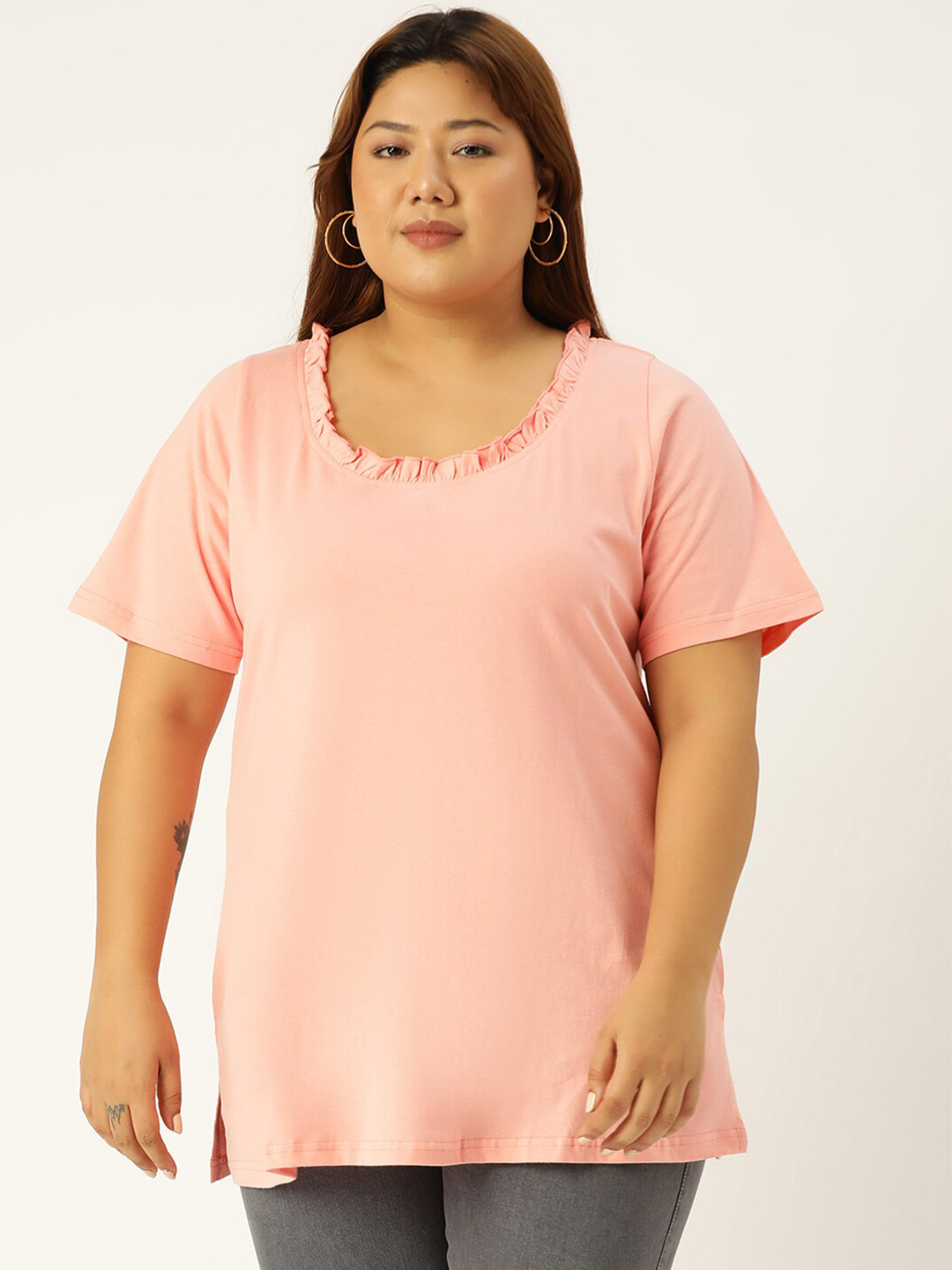 

theRebelinme Women Plus Size Peach-Coloured Solid Cotton T-shirt