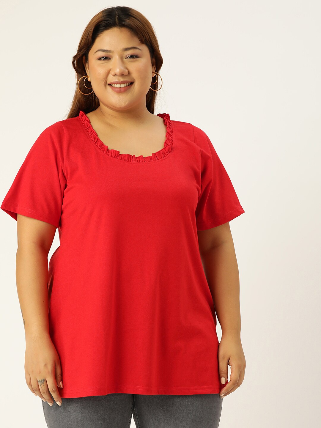 

theRebelinme Women Plus Size Red Pure Cotton T-shirt