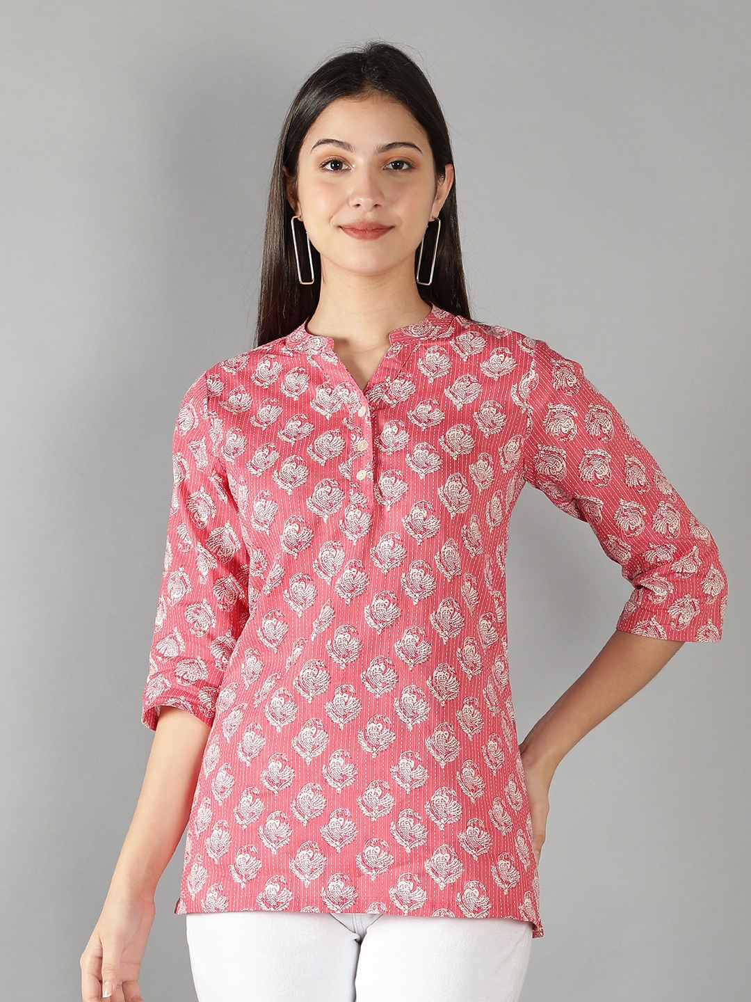 

Cot'N Soft Women Pink Kantha Floral Printed Kantha Work Pure Cotton Kurti