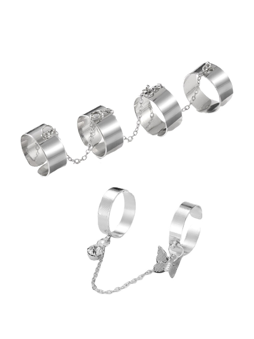 

Unwind by Yellow Chimes Pack Of 2 Silver-Toned Solid Adjustable Linked Finger Ring