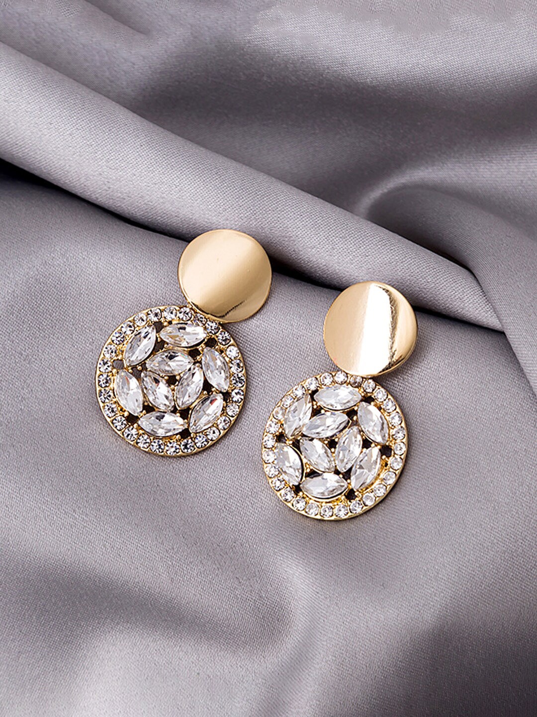 

Yellow Chimes Gold-Plated & White Circular Crystal Studded Drop Earrings
