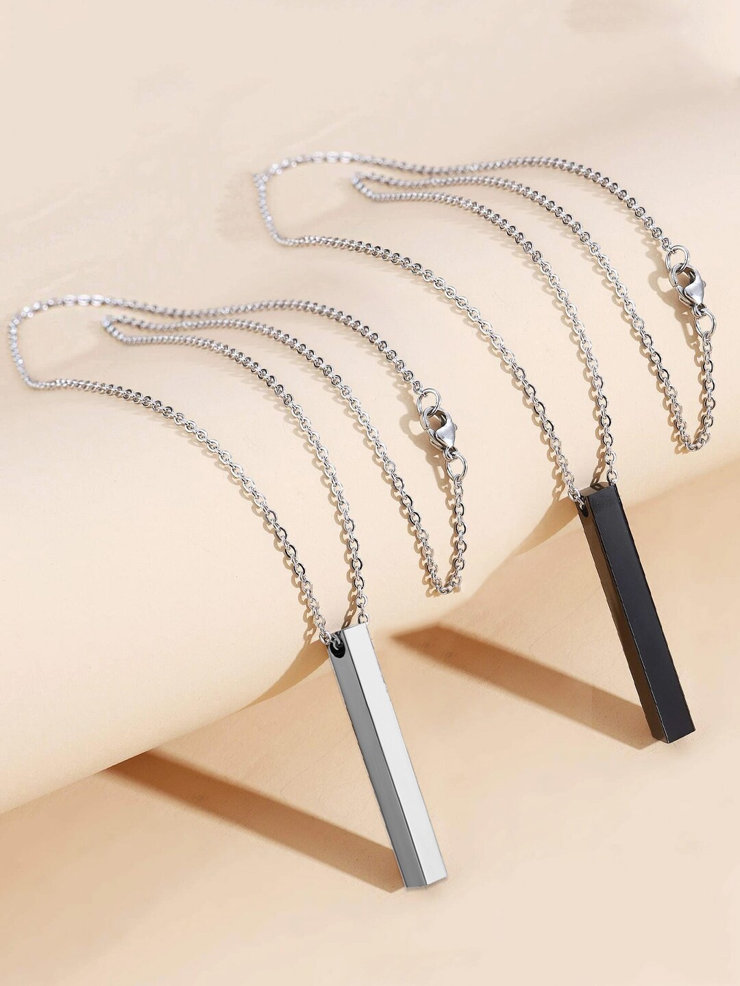 

Yellow Chimes Men Set of 2 Black & Silver-Toned Bar Shape Pendants with Chian