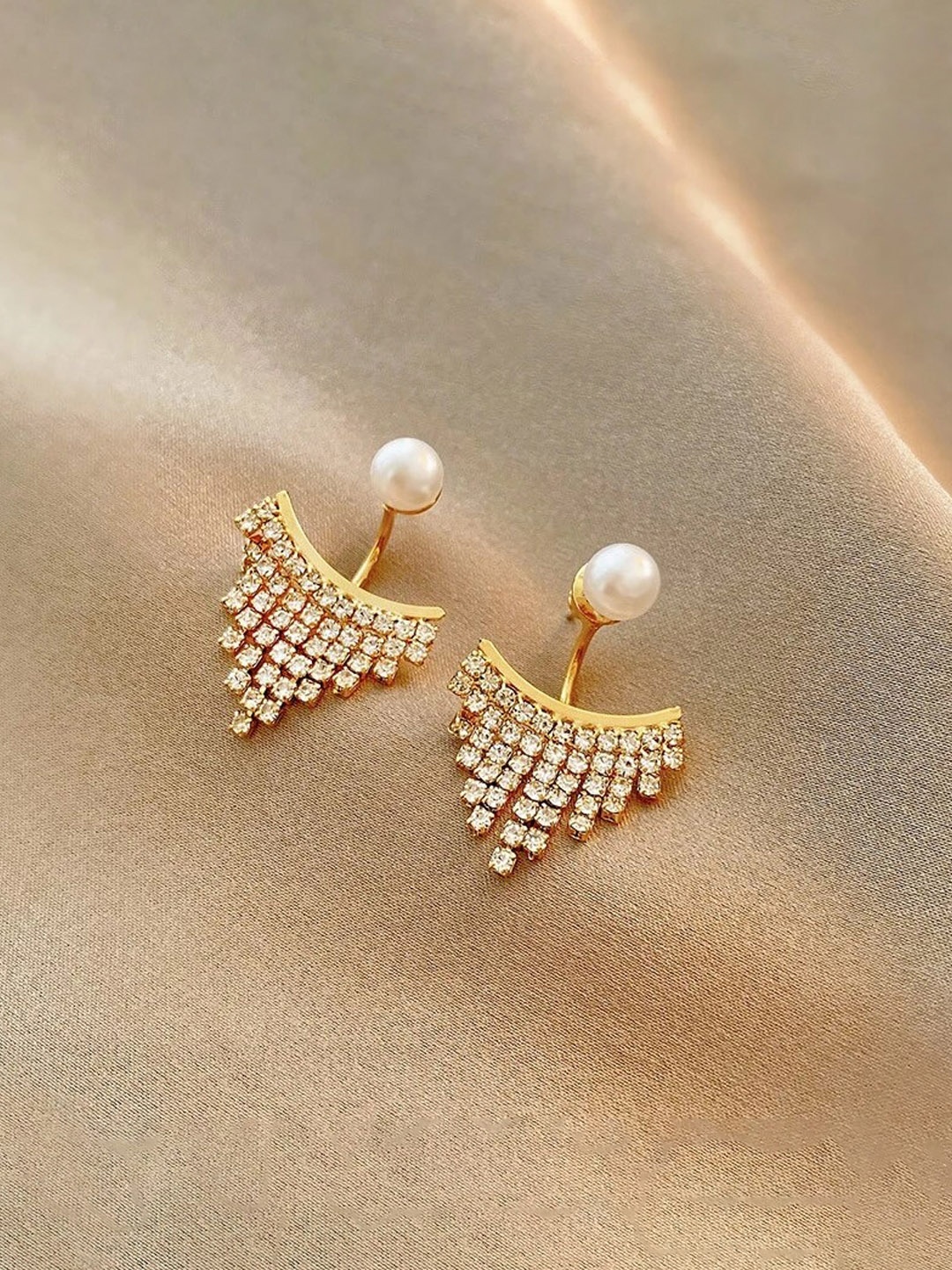 

Yellow Chimes Gold-Toned & White Pearl Stud Back Drop Crystal Studded Drop Earrings