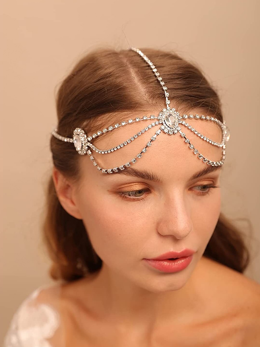 

Yellow Chimes Silver-Toned Crystal Studded Head Chain