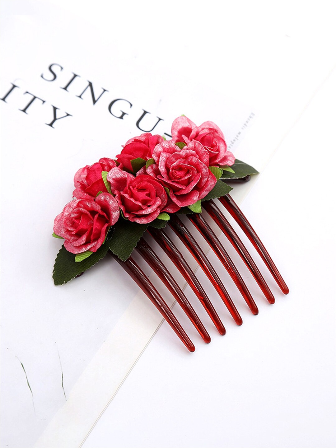 

Yellow Chimes Women Pink & Black Rose Designed Comb Pin
