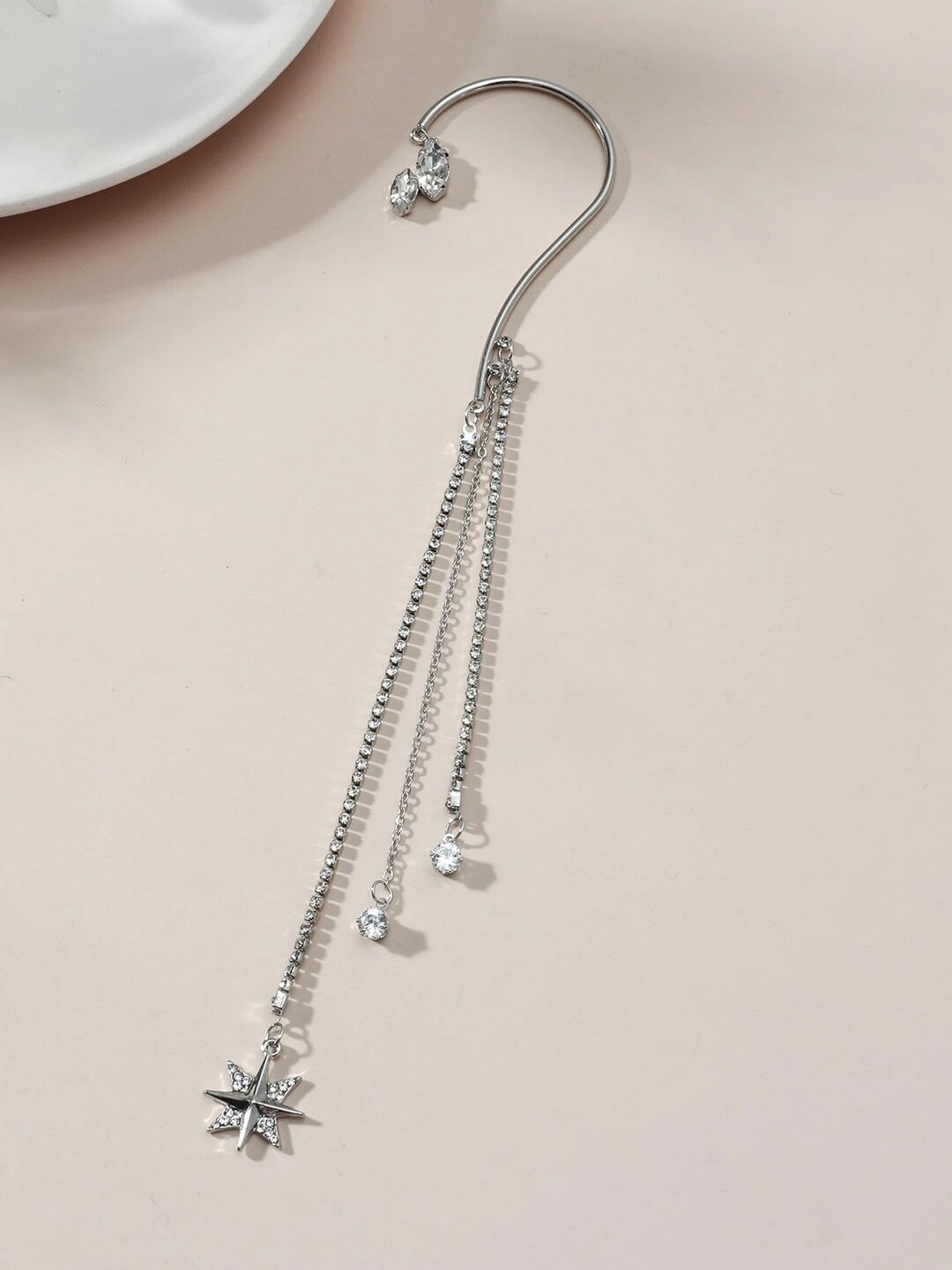 

Yellow Chimes Silver-Plated Crystal Studded Ear Shape Hanging Chain Ear Cuff