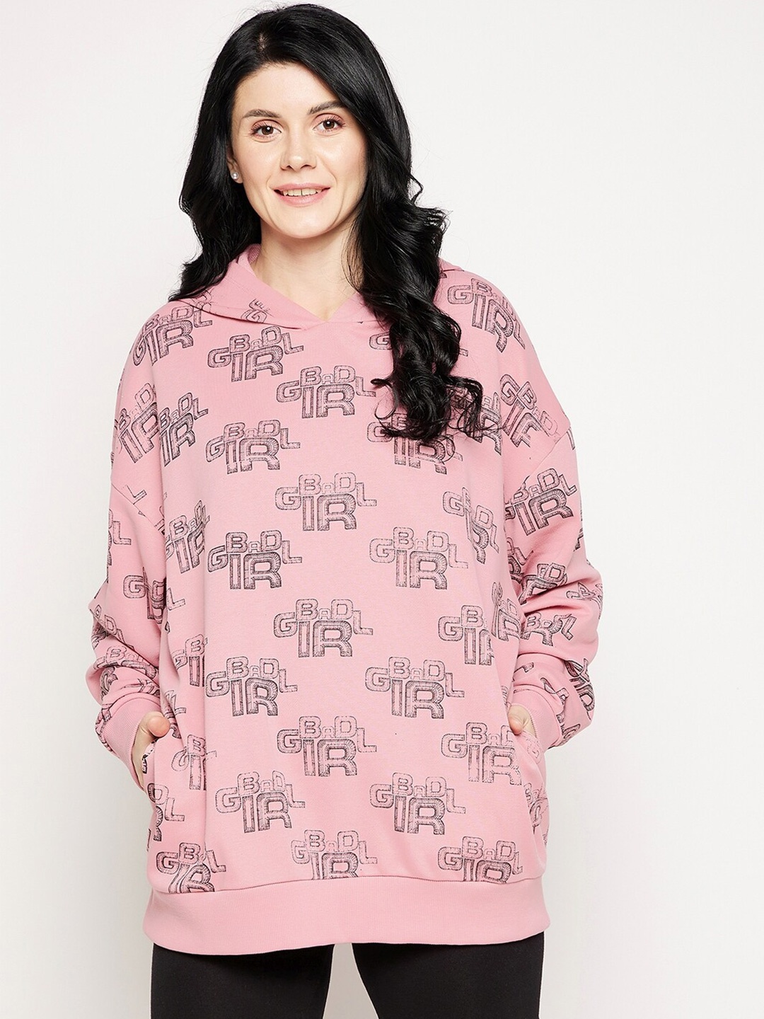 

EDRIO Women Pink Printed Hooded Sweatshirt