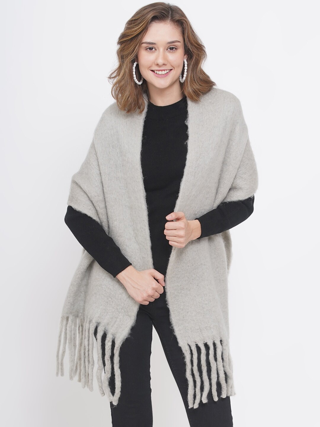 

FABNEST Women Grey Solid Wool Scarf With Tassel Border