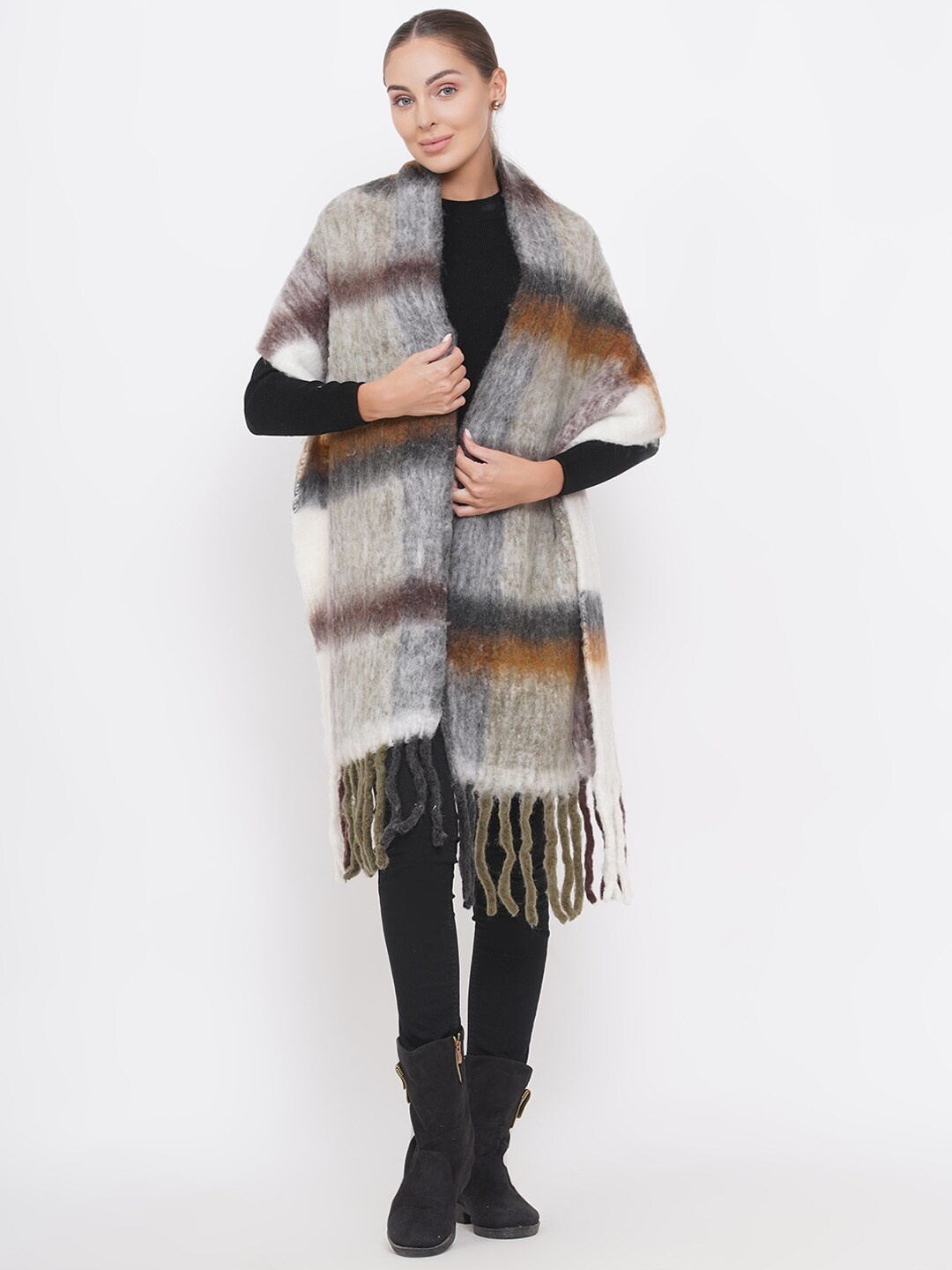 

FABNEST Women Grey & Brown Checked Scarf