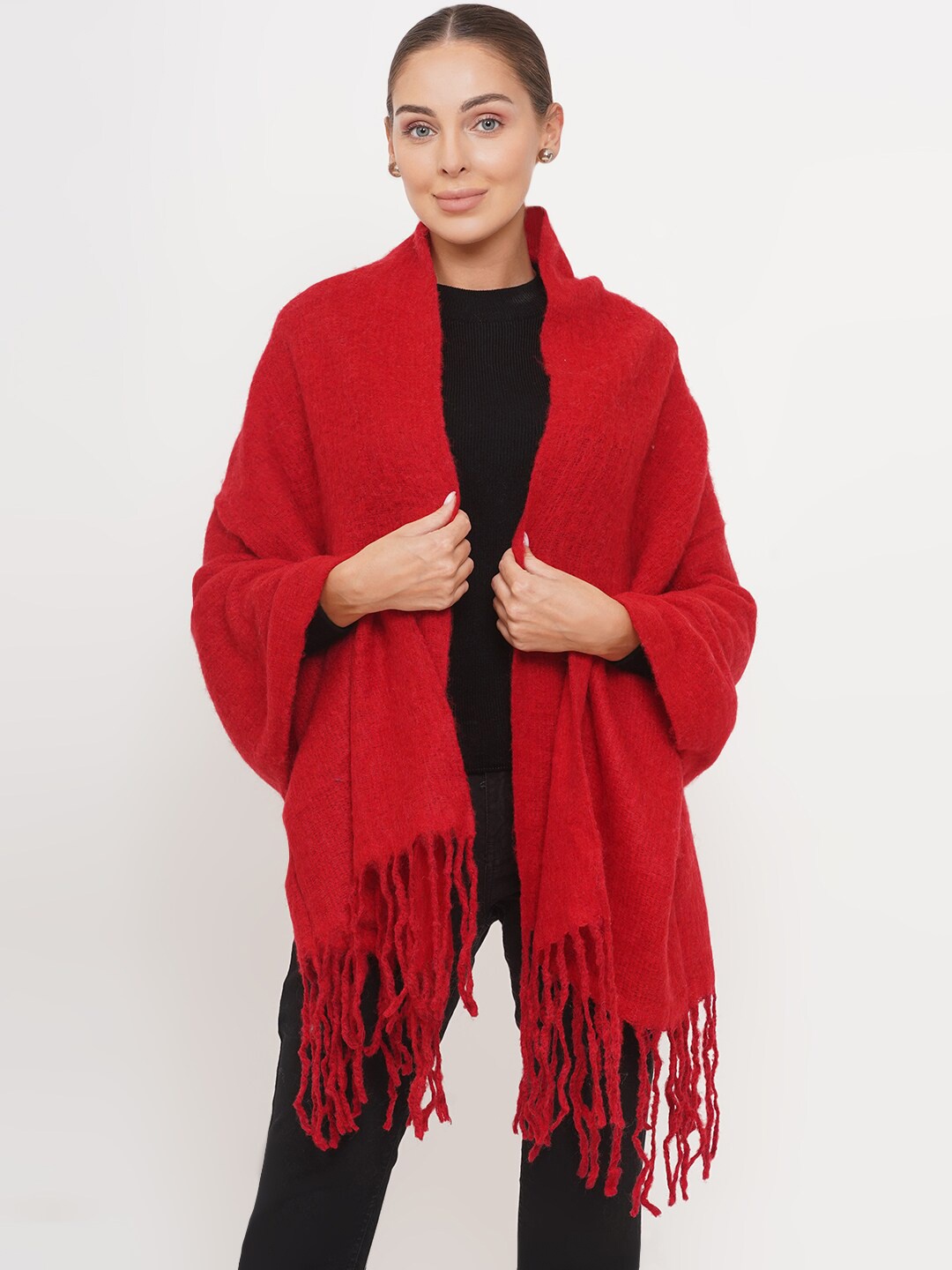 

FABNEST Women Red Solid Tasselled Border Scarf