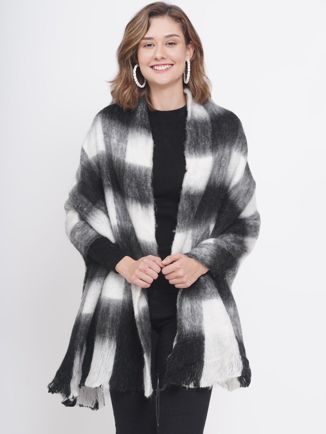 

FABNEST Women Black & White Checked Wool Stole