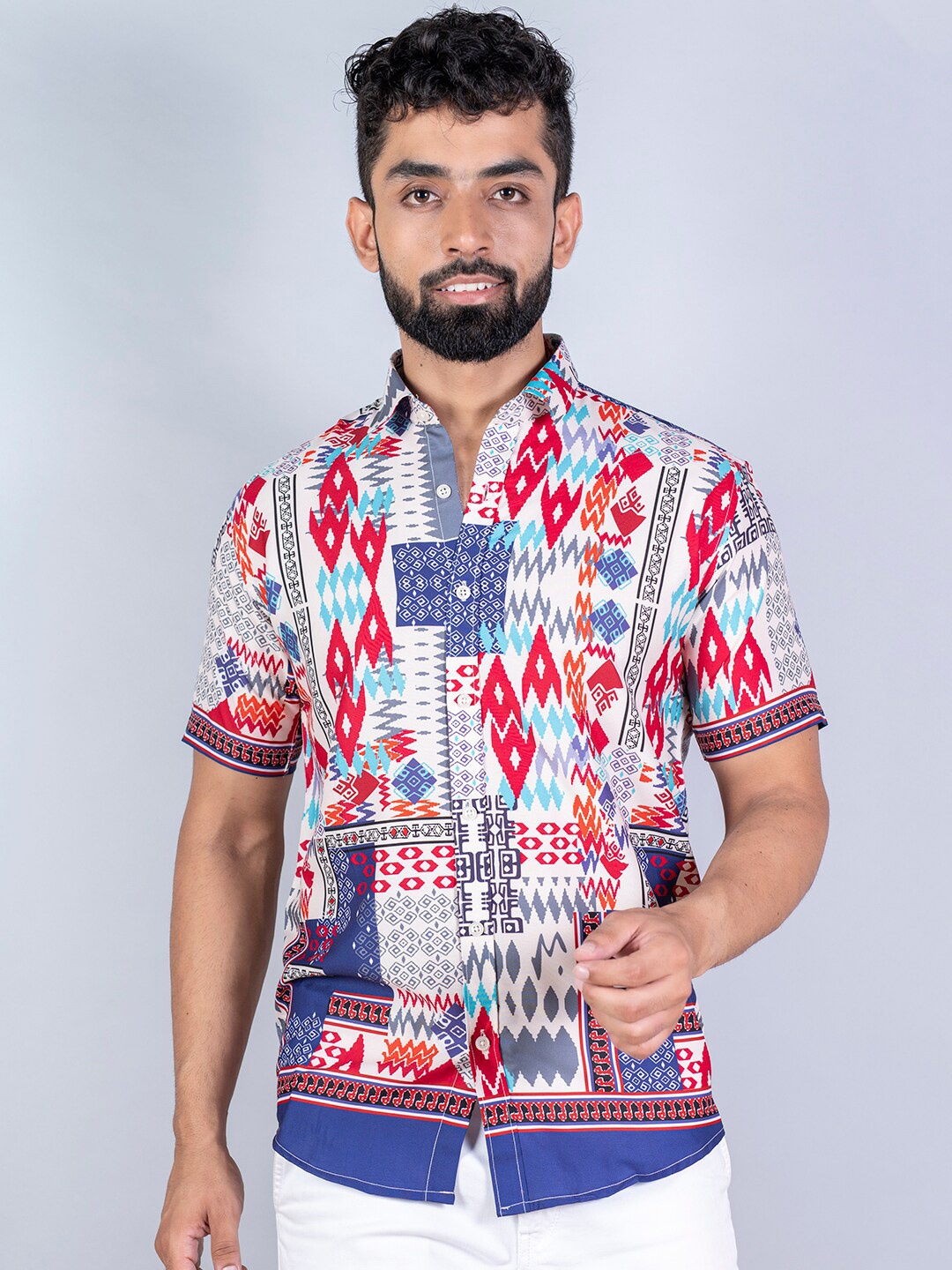 

Tistabene Men White & Red Aztec Printed Casual Shirt