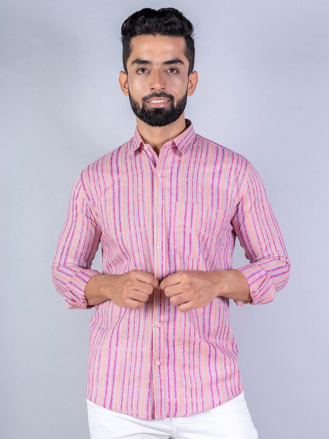 

Tistabene Men Pink Striped Casual Shirt