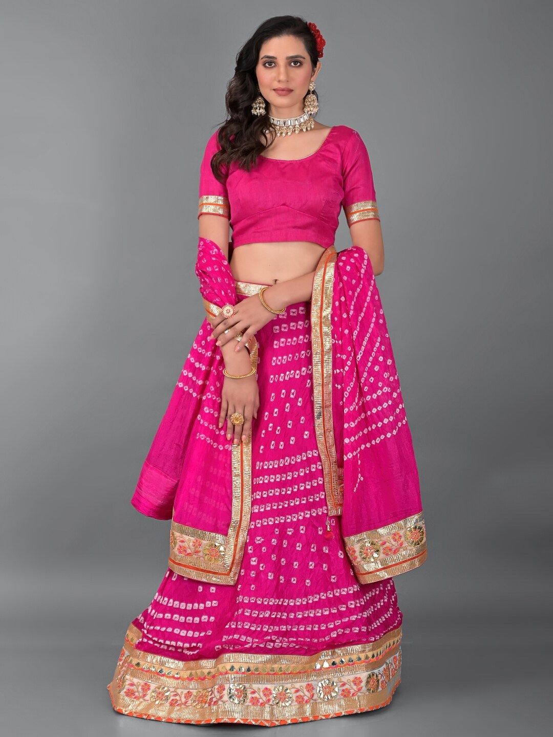 

Apratim Women Pink & Gold-Toned Lehenga & Unstitched Blouse With Dupatta